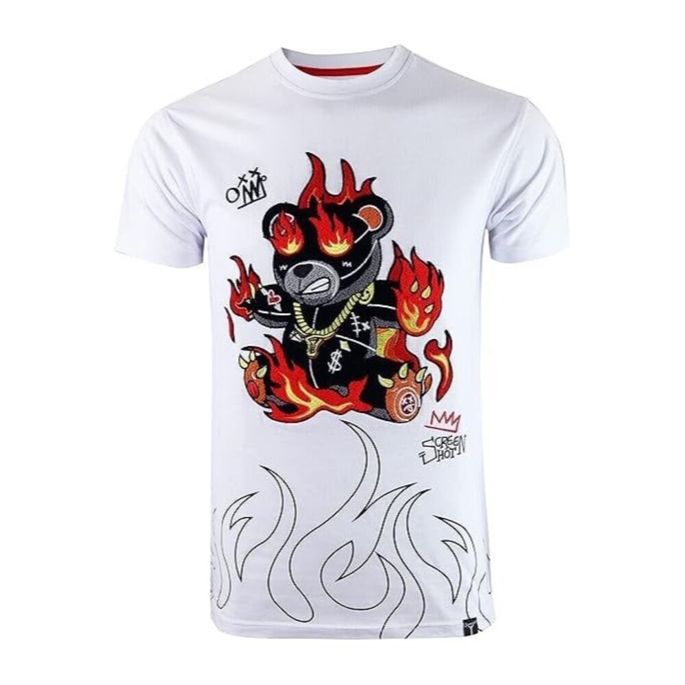 Screenshot Men's Puffy Chenille Fleece Bling Fire Bear Embroidery T-Shirt M